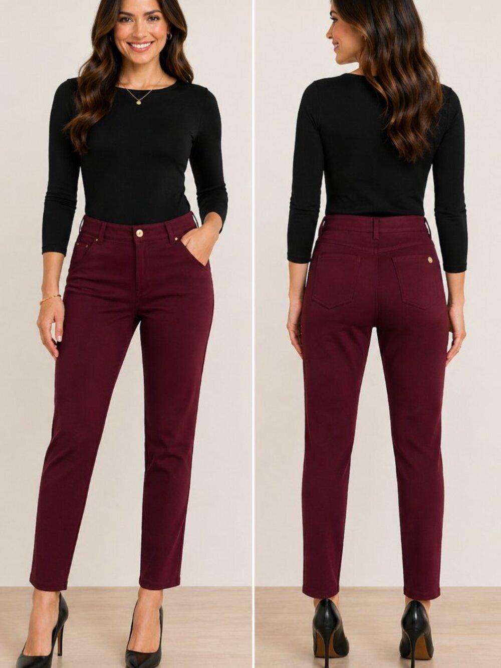 Michael Kors Burgundy Slim Ankle Pants Size 6 Gold Logo Stretch Career Office